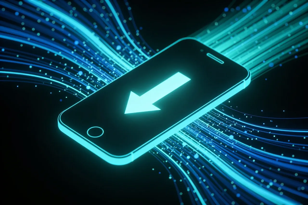 Smartphone con un icono de descarga y estelas de luz cian, símbolo de descarga instantánea