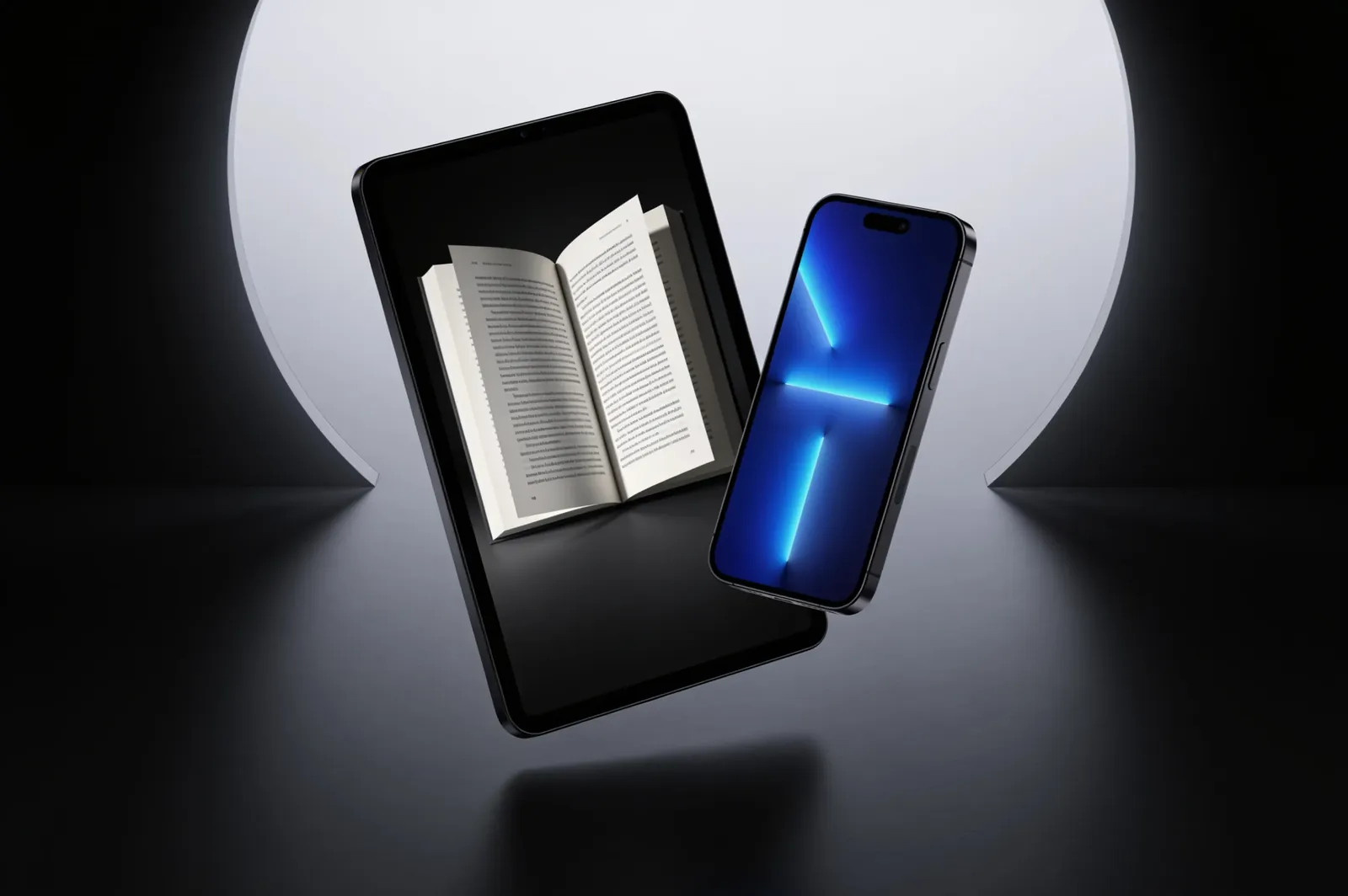 Tablet con un libro abierto y un smartphone con luz azul eléctrica sobre fondo oscuro